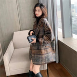 Huibaolu Women Winter Korean Woolen Plaid Jacket Tweed Vintage Loose Female Coat Slim Double Breasted Lapel Spliced Button Overcoat