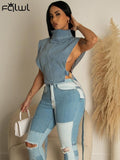 Huibaolu Summer Solid Faux Denim Top For Women Blue O Neck Hollou Out Crop Tops Fashion Party Jackets Vest New In Outerwears Coats