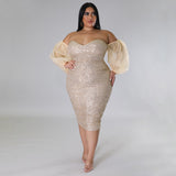 Huibaolu Plus Size Women Mesh Lantern Sleeve Off Shoulder Sequined Bodycon Midi Dress 2023 Evening Sexy Party Dresses Vestidos