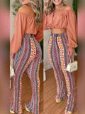 huibaolu Shoulder Ruched Crop Tops &amp; Tribal Print Pants Set Women Two Piece Set Outfits