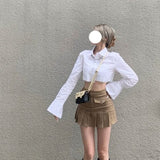 huibaolu Women Fashion Streetwear Two Pieces Outfits Irregular Sexy Crop Tops Shirts Sweet High Waist Pleated Mini Skirts Korean Ins