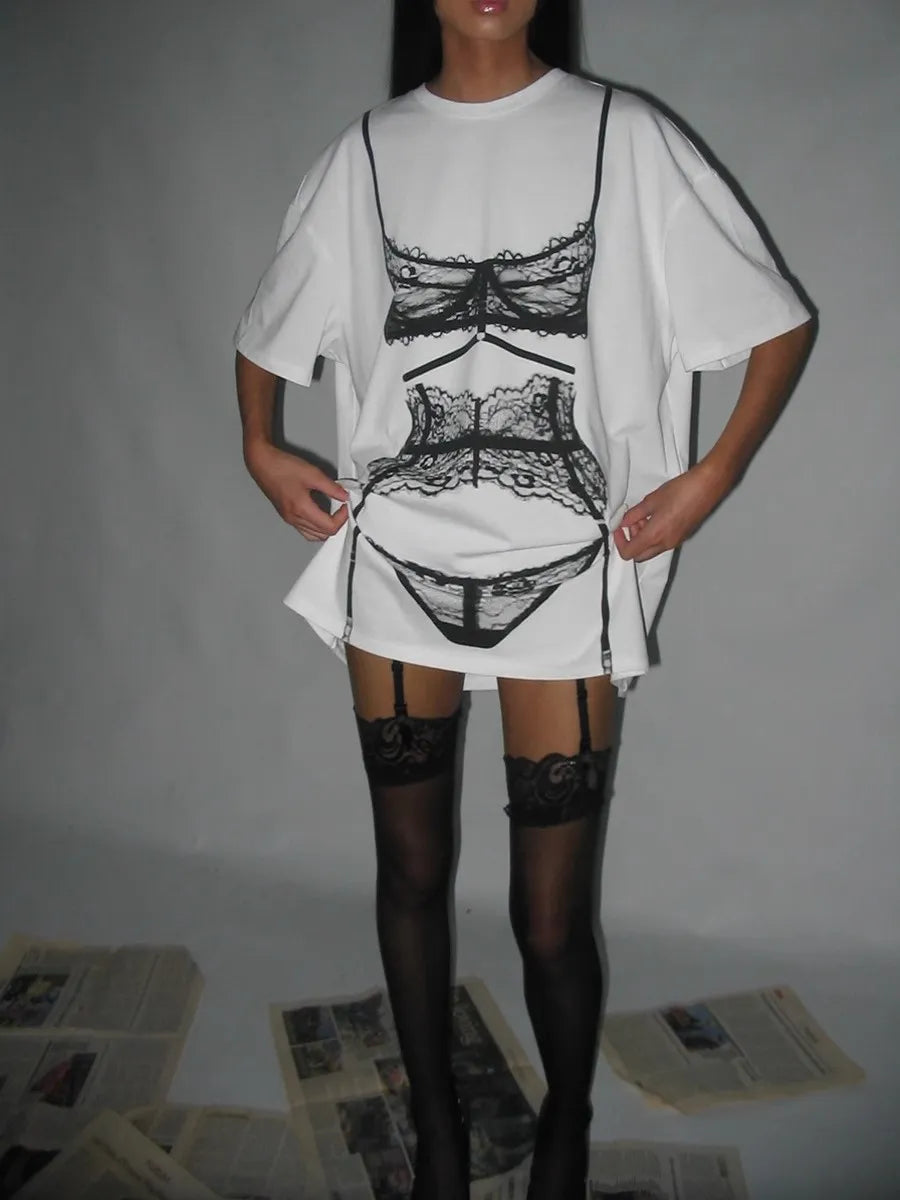 Huibaolu Bikini Perspective Printing Loose Short Sleeve T-shirt Women's Streetwear Loose White T-shirt Top