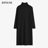 Huibaolu Screw Thread A-Line Half High Collar Loose Women's Dress Korean Fashion Pullover Long Dresses For Women Winter 2023