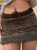 Huibaolu Feathers Patchwork Fairy Grunge Mini Skirt Brown High-waisted Bodycon Knitted Skirts Retro Casual Boho Aesthetic Outfit