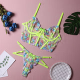 Huibaolu Luxury Lingerie Sexy Floral Embroidery Set Woman 2 Pieces Underwire Bra Thongs Exotic Intimate Neon Green Underwear