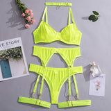 Huibaolu Set Woman 4 Pieces Sexy Erotic Lingerie Underwear Bra Garters Brief Sets Transparent Lace Seamless Blue Setup Ladies