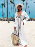 Huibaolu Sexy Hollow Out White Summer Dress Beach Tunic Women Beachwear Long Sleeve Front Open Self Belted Maxi Dresses Q964