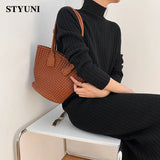 Huibaolu Solid Chic Turtleneck Knitted Long Sleeve Loose Women's Dress Sweater Korean Fashion Mid-Calf Dresses Autumn Winter 2023