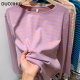 Huibaolu Classic Striped Loose Simple Casual Women T-shirts Korean New Basic O-neck Long Sleeves Fashion Autumn Female T-shirts