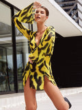 huibahe Summer Print Vacation Women Dress Yellow Long Sleeve Single Breasted Mini Dresses Female Casual Sexy Slit Beachwear 2023