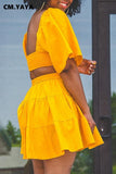 Huibaolu Women Cut Out High Waist Open Back Half Sleeve Big Swing Ruffle Hem Smock Dress 2023 Summer Female Street Yellow Dresses