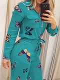 huibaolu Print Zipper Pocket Design Rompers Women Jumpsuit Long Sleeve Slim Fit Lace Up Waist Jumpsuits Casual Overalls