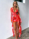 Huibaolu Printed Y2K Style Bikini Cardigan Three-Piece Suit 2023 Women's Swimsuit Sexy High Waist Long Sleeve Bikinis Sets A2574