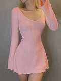 Huibaolu Backless Solid Knitted Dress Pink Beige Casual Chic and Elegant Fashion Slim A-line Mini Dresses Party Holiday Outfit