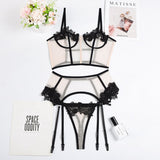 Huibaolu Lingerie Sexy Thong Panties Female Underwear Sets Patchwork Lace 3-Piece Transparent Bra Erotic Costumes Nude Outfits
