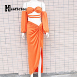 huibaolu Long Sleeve Strapless Hallow Out Tops &amp; Sexy Slit Maxi Skirts Set Women Two Piece Set