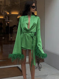 huibahe Deep V Neck Feather Mini Dress Sexy Long Sleeve Elegant Drawstring Green Party Dress Solid Casual Satin Vestidos Female