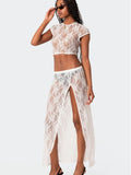 huibahe Sexy See Through Lace Women Skirt Suit Round Neck Crop Top High Slit Two Piece Set Femme Summer Casual Outside Beachwear