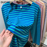 Huibaolu Classic Striped Loose Simple Casual Women T-shirts Korean New Basic O-neck Long Sleeves Fashion Autumn Female T-shirts