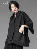 huibaolu 2023 Summer New Half Sleeve Oversize Gothic Shirt Women Y2K Asymmetrical Black Button Ladies Blouse Street Clothing Tops