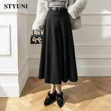 Huibaolu Solid Pleated Folds High Waist With Belt Women's Skirt Korean Fashion Mid-Calf Long Skirts For Women Autumn Winter 2023