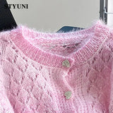 Huibaolu Mohair Hollow Out Long Sleeve Single Breasted Women's Sweater Korean Fashion Pullover Short Sweaters Autumn Winter 2023