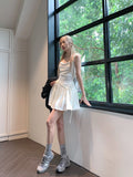 Huibaolu New Summer White Spaghetti Strap Dress for Women Pure Temptation Style Sleeveless Pleated Sexy Short Dress