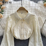 Huibaolu Vintage Flower Embroidered Flares Polo-Neck Women's Blouse Shirt Long Sleeve Single Breasted Loose Female Blouses Tops