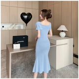 Huibaolu Slash Neck Solid Sweater Dress Sexy Summer Women Slim Elastic Mermaid Long Dress Streetwear Knitted Bodycon Dress P506