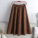 Huibaolu Leather Fluff Thick Solid Vintage High Waist A-line Loose Women's Skirt Korean Fashion Knee-Length Long Skirts For Women 2023