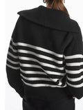 Huibaolu Women's Striped Sweater Zip Thick Fall Loose Turtleneck Knit Jumper Turn-down Collar Casual Oversize Fashion Women Sweaters 2023