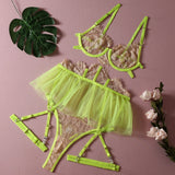 Huibaolu Ruffle Sexy Lingerie Lace Patchwork Fancy Underwear Neon Green Sensual Bra And Panty Set Transparent Luxury Intimate