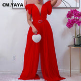 Huibaolu Elegant Mesh Patchwork Pleated Wide Leg High Waist V-neck Flare Sleeve Women Jumpsuit 2023 Summer Party Playsuit Overall