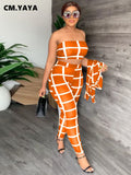 Huibaolu Chic Plaid Women Legging Pants Suit and Long Sleeve Blazer Strapless Crop Top Casual Three 3 Piece Set Outfits Tracksuit