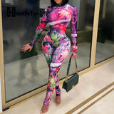 huibaolu Print Long Sleeve Bodysuit & Skinny Pants Set Women Sexy 2 Piece Set