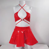 Huibaolu Fetish Pvc Lingerie PU Leather Setup Ladies Skirt Underwear Red Set Woman 2 Pieces Cross Bra Sexy Outfits