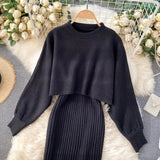 Huibaolu Sleeve O-Neck Pullover Knitted Sweater Sleeveless Vest Dress Two Piece Set Women's Dress Knee-Length Dresses For Women