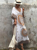 Huibaolu Indie Folk Printed Caftan Beach Dress Side Split Half Sleeve Women Summer Beachwear Long Cotton Robe de plage Q394