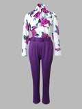 huibaolu Print Tie Neck Top &amp; Pants Set With Belt