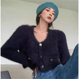 Huibaolu Cashmere Sweater V-neck Y2K E-girls Club Long Sleeved Tops Women Mohair Knitted Cardigans Vintage Loose Short Jacket N825