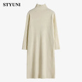 Huibaolu Screw Thread A-Line Half High Collar Loose Women's Dress Korean Fashion Pullover Long Dresses For Women Winter 2023