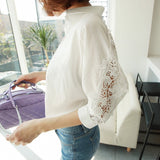 Huibaolu Collar Cotton White Blouse Shirts Women Embroidery Floral Hollow Out Sexy Female Shirt Tops Loose Casual Blouses 1310