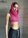 Huibaolu Summer streetwear y2k Solid Knitted Hooded crop Tops For Women Black Bodycon see through tees Top white T shirt femals