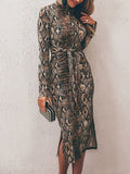 huibaolu Pattern Print Sexy Split Bodycon Dress Women Long Sleeve Slim Belted Mid-calf Dress