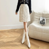 Huibaolu Tweed Skirts High Waist Women Woolen Skirt Vintage Slim Bodycon Autumn Winter Skirts Knee-length Elegant Zipper Fly N978