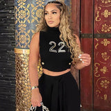 Huibaolu Streetwear Women Crop Tank Top Turtleneck Green Sleeveless Top Women 2023 Number Embroidery Summer Yellow Black Orange Top