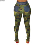 Huibaolu New Autumn Winter Female Denim Pants Women Skinny Hole Spliced Camouflage Print Jeans Sexy Pencil Bandage Trousers