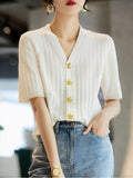 Huibaolu Shirt Femme Korean Fashion Button Woman V Neck Knitted Tshirts for Women White Short Sleeve Loose Top Summer Casual Clothing