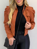 huibaolu Pocket Button Pleated OL Coat Tops Women Full Sleeve PU Turn Down Collar Slim Leather Jacket