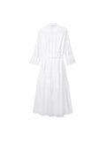 Huibaolu TRAF Women 2023 Chic Fashion With Belt Button-up Midi Shirt Dress Vintage Long Sleeve White embroidery Female Dress